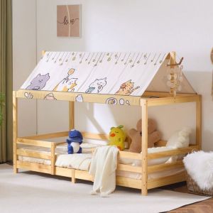 Lit cabane Enfant 90 x 190 cm - ALIGHTUP - avec baldaquin en Tissu sommier et barrières Pin Naturel(Sans Matelas)