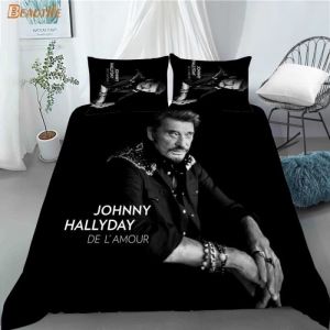 Ensemble de literie personnalis&eacute; Johnny Hallyday - Housse de couette et taies doreiller - Noir - 200x200cm
