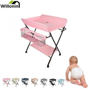 Willonin® Table à langer pour bébé 0-24 mois Plan 63x74 cm Rose Étagères à langer Hauteur réglable 92 95 98cm avec sac de range