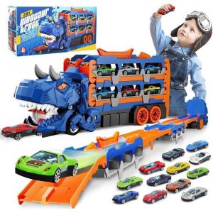 Camion Transporteur Dinosaure avec 18 Voitures Miniatures Camion Jouet Portable Garage Voiture Enfant avec Piste de Course