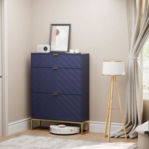 GOOBUY Armoire à Chaussure Inclinable 2 Rangements Chaussures Réglables et 1 Étagère Caché Motif Ligne 80x24x122cm Bleu Marine