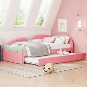Lit gigogne 90x200/80x190 cm en PU avec Tête de lit rembourrée Lit doubleCanapé-lit avec sommier à lattes Cadre de litrose
