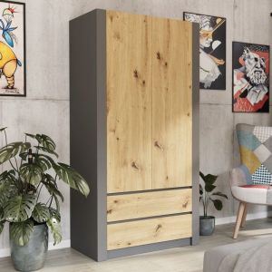 Armoire de chambre avec 2 tiroirs - Armoire 2 portes - Dimensions 90x55x180 cm - Armoire penderie - Gris anthracite et Chêne