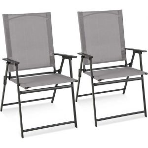 GOPLUS 2 Chaises de Jardin en Textilène avec Cadre MétalliqueChaise Pliante avec Dossier Haut-AccoudoirsChaise de CampingGris