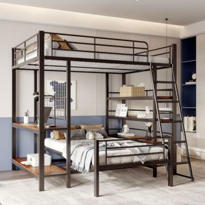 KoDise Lit superposé 140x200 cm Lit double Lit mezzanine - structure métallique - avec multiples rangements - noir
