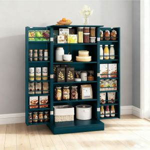 GOPLUS Buffet de Cuisine Bas 60x40x120CM-1 Etag&egrave;re &agrave; 5 Niveaux et 2 Portes &agrave; 12 Etag&egrave;resVert