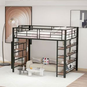 Lit mezzanine avec &eacute;chelle-LEYTN-140x200 cm-avec escalier de s&eacute;curit&eacute; rangements et petite penderie &eacute;tag&egrave;res-noir