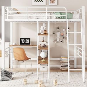 Lit mezzanine 90*200 lit enfant avec bureau et étagère lit simple avec garde-corps de sécuritélit à structure en fer avec