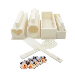 Exzact Kit Sushi Maki / Kit de fabrication de sushi 10 pi&egrave;ces/Moule &agrave; riz- 5 formes de moules uniques - C ur Rond Pyramide Carr&eacute;