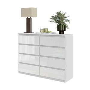 Commode GABRIEL – 8 tiroirs – Buffet de chevet 92 x 120 x 33 cm (Blanc Matt / Blanc Brillant)