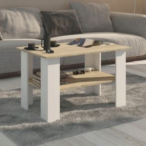 Table basse rectangulaire de salon - Avec étagère - Table basse à 2 niveaux - 80x60x55 cm - Sonoma et Blanc