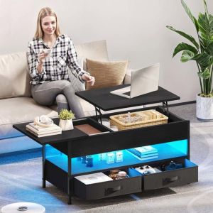 YITAHOME Table Basse avec 2 Tiroirs et Bande Lumineuse LED Table à plateau élévateur en Bois avec Rangement Noir 106 x 50 x 52 cm