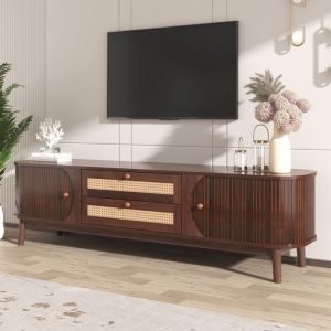 Meuble TV Bois Meuble Bas et Support TV avec 2 Portes Coulissantes et 2 Tiroirs en RotinStyle Campagnard170x39.5x46 cm Naturel
