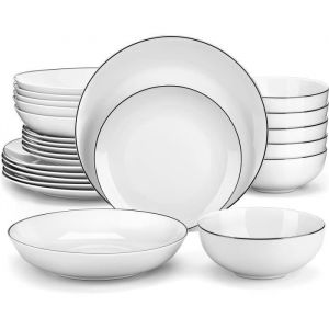 MALACASA Vaisselle AMELIA-BT Service Complet de Table 24 pi&egrave;ces Rond en Porcelaine avec bord Noir pour 6 personnes - Blanc