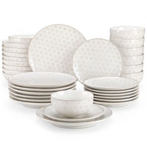 MALACASA LYDIA 16 pi&egrave;ces Service de Table en Porcelaine Terre Cuite &eacute;maill&eacute;e Assiettes et Bols - Blanc de Fleur &agrave; Cinq Feuilles