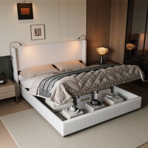 Lit 140x200cm avec Sommier &agrave; LattesLit Coffre avec 2 LED/USB T&ecirc;te de Lit Capitonn&eacute;Cadre de Lit avec RangementBlanc Velours