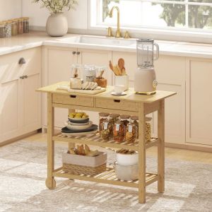 Desserte de cuisine &agrave; roulettes en bambou chariot de cuisine avec 2 tiroirs 2 &eacute;tag&egrave;res 100 x 43 x 75 cm bois naturel