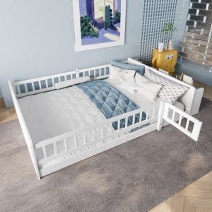 Lit de sol 140 x 190 cm Lit en bois lit enfant pin coffre de rangement ouvert &eacute;tag&egrave;res porte barri&egrave;re sans matelas blanc