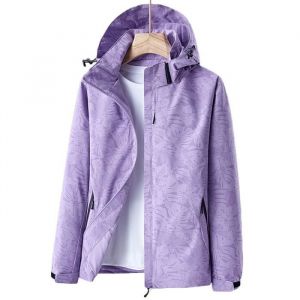 Veste de Ski Femme Softshell Camouflage Léger avec Capuche Coupe-vent - Violet