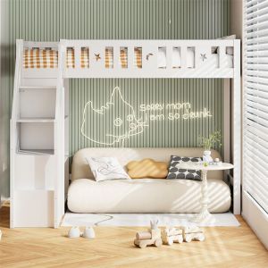 Lit mezzanine 90x200 cm avec échelle de rangement et étagères lit simple en bois lit jeune lit enfant bois massif blanc