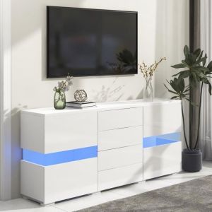 Buffet Bahut 2 Portes et 4 Tiroirs Blanc - Laqué Brillant Mat - LED - Armoire de Rangement 140 cm - Contemporain