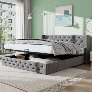 Lit Adulte Coffre 140x190 cm Lit Double Hydraulique avec Sommier Rangement Sous Lit Tête De Lit Tissu Velours 2 Places Gris