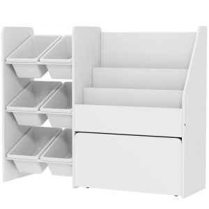 Meuble rangement enfant rangement jouet enfant 6 bacs amovibles et grand coffre &agrave; roulettes 100 x 30 x 80 cm blanc