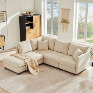 Canap&eacute; dAngle Moderne 220 cm Canap&eacute; 5 Places en L/U avec Pouf Convertible - Tissu Coton-Lin Respirant - pour Salon S&eacute;jour - Beige