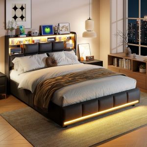 Lit coffre 140 x 200 avec sommier lit 2 personnes avec LED et ports USB lit hydraulique avec tête de lit lit 140x200 en noir