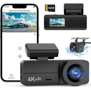 Dashcam Voiture Avant Arrière4K+1080P DashcamCarte SD 64GB Insérée Camera Embarquée VoitureCaméra de Voiture WiFiSuper Vision