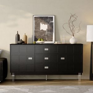 Buffet de Salon avec 2 Portes et 3 Tiroirs Meuble de Rangement de Chambre avec Pied Argent&eacute; et Etag&egrave;res R&eacute;glables 160x40x83 Noir