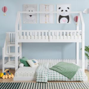 Lit superposé pour enfants 90x200cm+140x200cm lit mezzanine avec escalier lit enfant avec garde-corps antichute Bois