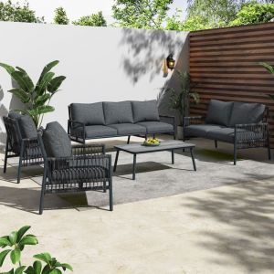 Salon de Jardin PE Rotin + Table Verre Tremp&eacute; Aspect Bois - Structure Acier Galvanis&eacute; - Coussin Haute Densit&eacute; 220g Lavable