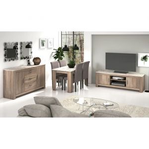 Ensemble de salon complet meuble TV table à manger set de 4 chaises buffet coloris chêne truffé blanc vieilli