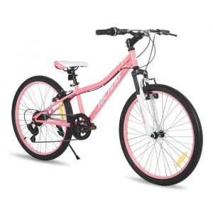 Hiland V&eacute;lo enfant 24 pouces d&eacute;railleur Shimano 7 vitesses VTT unisexe fourche suspendue freins V-Brake - Rose
