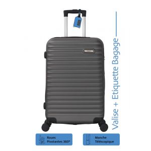 Pack Valise Moyenne 65cm Rigide Airlight Gris + Étiquette Bagage - Valise Intermédiaire 4 Roues 360 - 3.0kg - 65L ADC