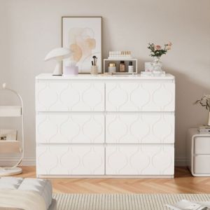 Commode Chambre Elégante avec 6 Tiroirs Armoire Rangement Buffet Salon Laqué Motif Ondulé Blanc 110x40x72cm