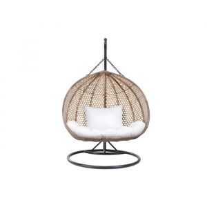 Fauteuil suspendu 2 places en r&eacute;sine tress&eacute;e - Beige et coussin blanc - VAHINA de MYLIA