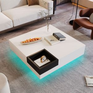 KoDise Table basse carrée Table basse brillante - avec éclairage LED - coffre de rangement noir amovible - 72x72x30 cm - blanc