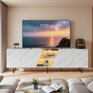 Meuble TV - Moderne - 220 cm - &Eacute;clairage LED - Panneaux effet marbre - Blanc