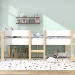 Lit enfant mi hauteur 90x190cm en bois de pin massif Lit simple structure en pin Sommier inclus Blanc et Ch&ecirc;ne