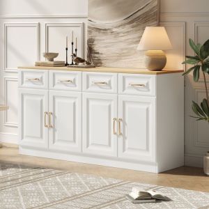 Buffet de Cuisine Bar avec 4 Tiroirs et 4 Portes Coulissantes Rangement Style Ferme Moderne Bois Blanc et Ch&ecirc;ne 140&times;40&times;75 cm