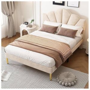 Lit Rembourr&eacute; 140x190cm avec T&ecirc;te de lit R&eacute;glable en Hauteur en Forme de Coquillage Pieds en Fer Dor&eacute; en Velours Beige