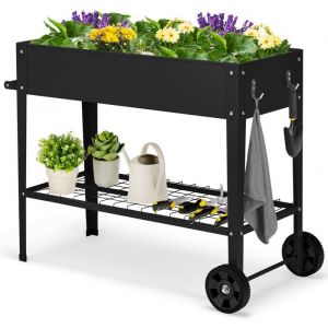 Jardini&egrave;re sur Pied - RELAX4LIFE - Roulettes en M&eacute;tal - Lit de Jardin 65L - &Eacute;tag&egrave;re de Rangement - Crochets de Suspension - Noir