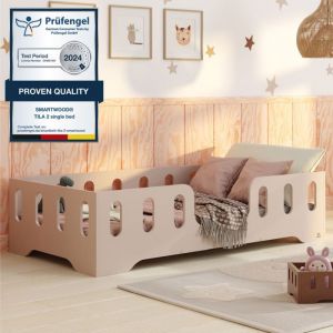 Lit au Sol Enfant avec Barriere - 90x160 en Bois TILA 2 - Couleur Cachemire - Sommier - Montage Rapide - Charge Max 230 kg