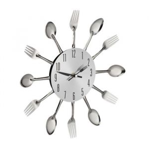 Relaxdays Horloge murale couverts montre de cuisine cuill&egrave;res & fourchettes &Oslash; 31 cm m&eacute;tal &agrave; pile sans bruit argent