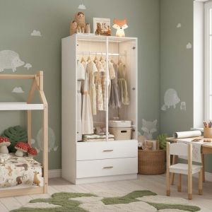 Armoire Blanche Portes Vitr&eacute;es - AMBIANCE - L80xP50xH175cm - LED Capteur Auto - 2 Tiroirs & Tringle - Penderie Moderne