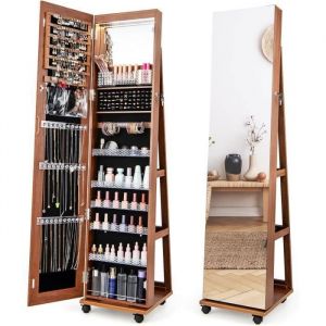 COSTWAY 3 en 1 Armoire à Bijoux LED sur Roulettes - Miroir Psyché sans Cadre - Étagères Réglables - Verrouillable - Marron