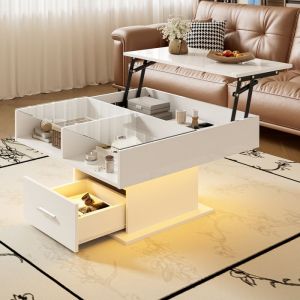 Table basse Maisentiel Lift blanc laqu&eacute; haute brillance plateau relevable 78&times;78 cm avec LED Bluetooth et rangement