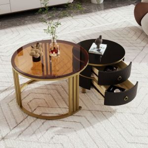 Lot de 2 Table basse ronde Plateau en bois Noir+ plateau en verre marron Avec deux tiroirs Table dappoint de salon 70/50cm